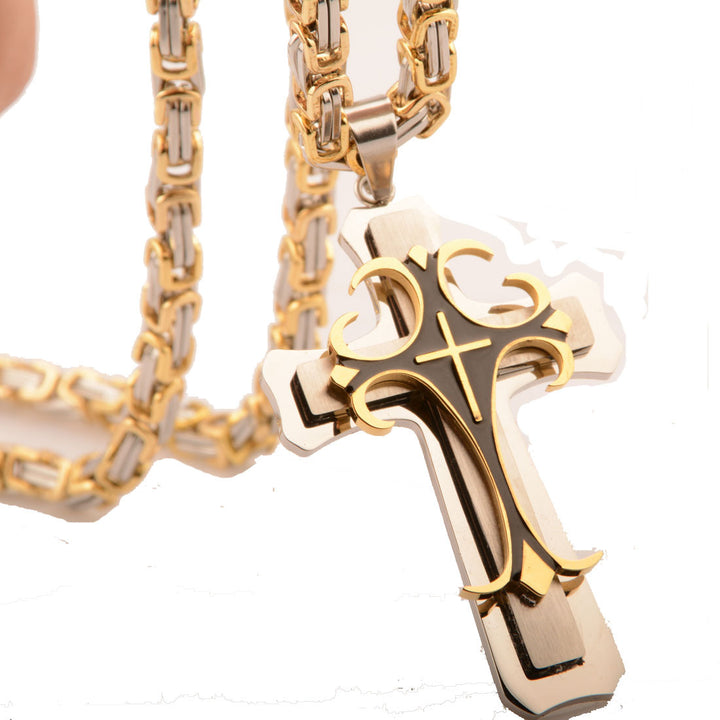 Men's Titanium Steel Stainless Steel Gold Cross Pendant Link Necklace