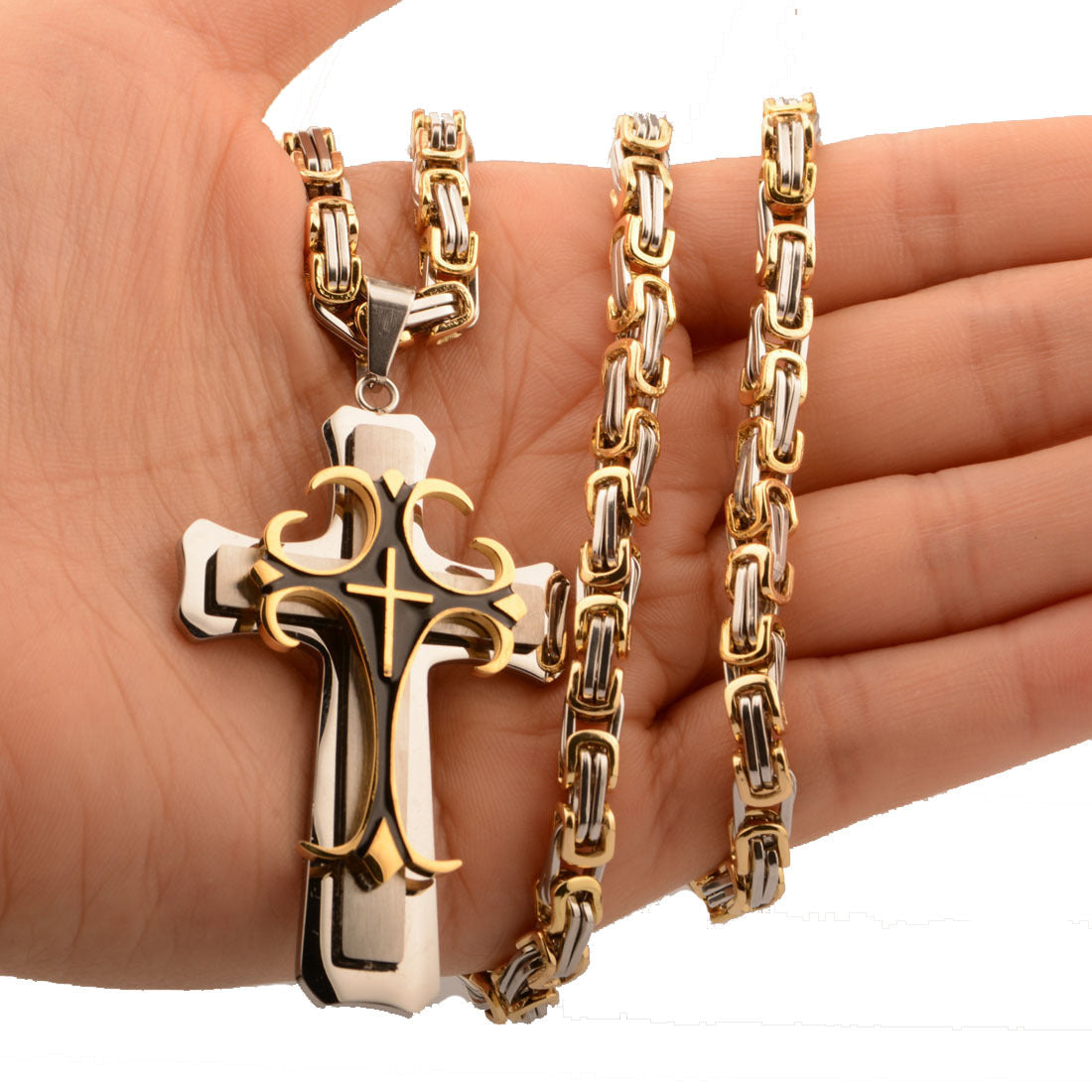 Men's Titanium Steel Stainless Steel Gold Cross Pendant Link Necklace