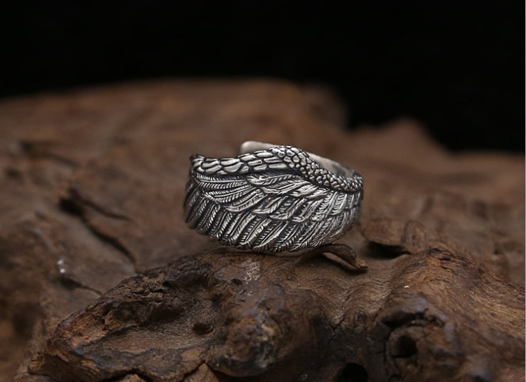 S925 Silver Men Ring Adjustable Eagle Wing Feather Retro Black Punk Biker Man Rings Female Sterling Silver Jewelry