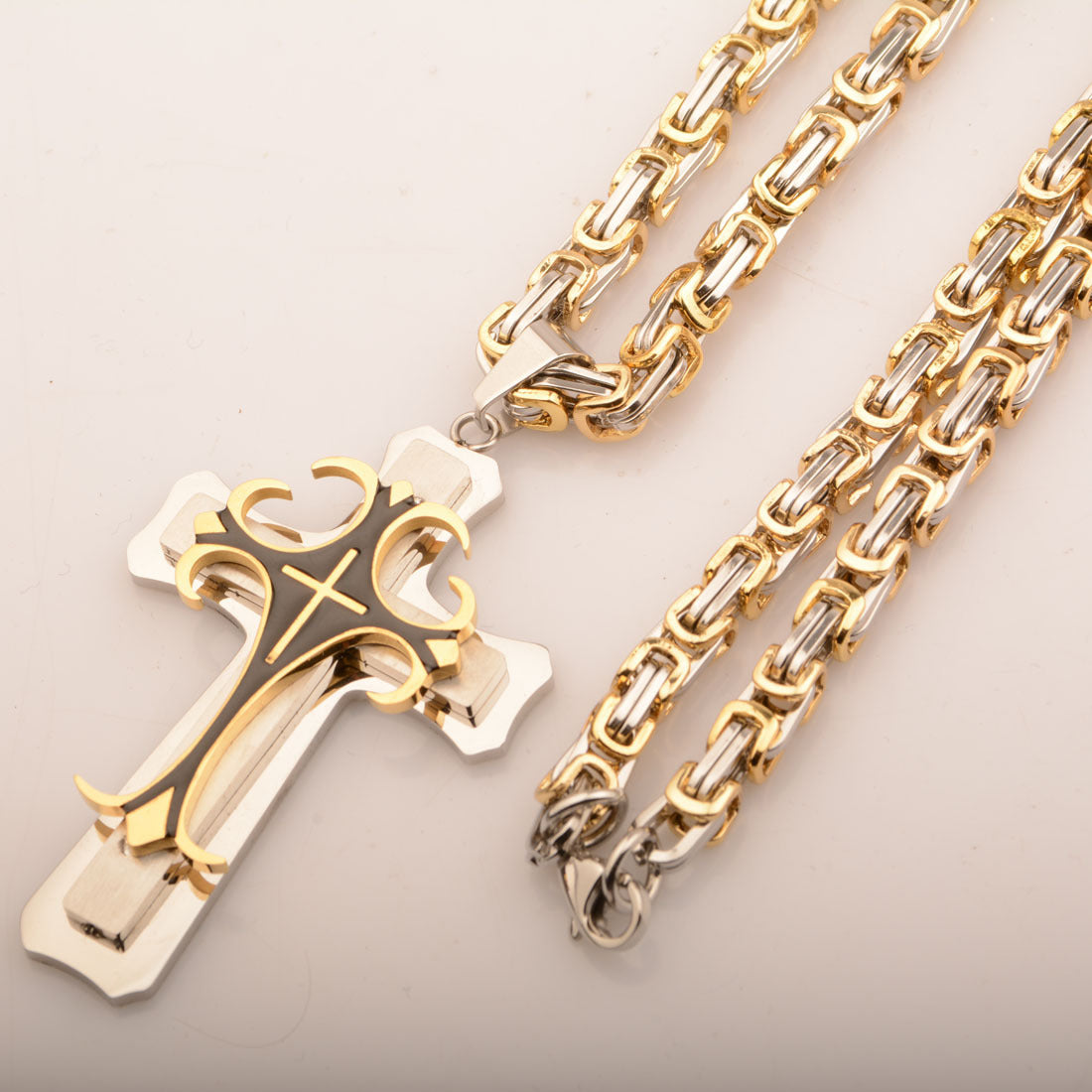 Men's Titanium Steel Stainless Steel Gold Cross Pendant Link Necklace