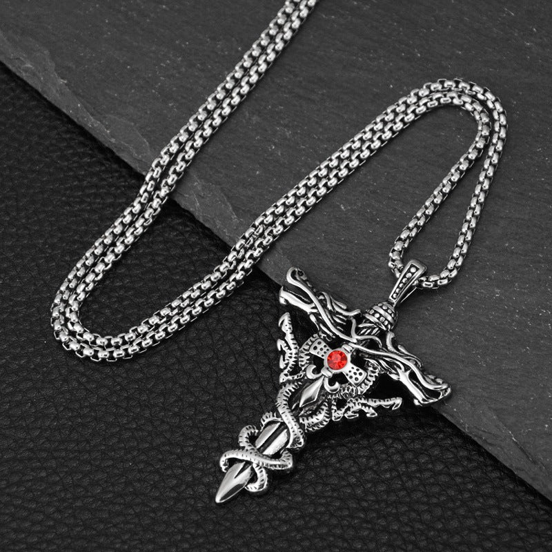 Fashion Double Dragon Magic Sword Titanium Steel Necklace