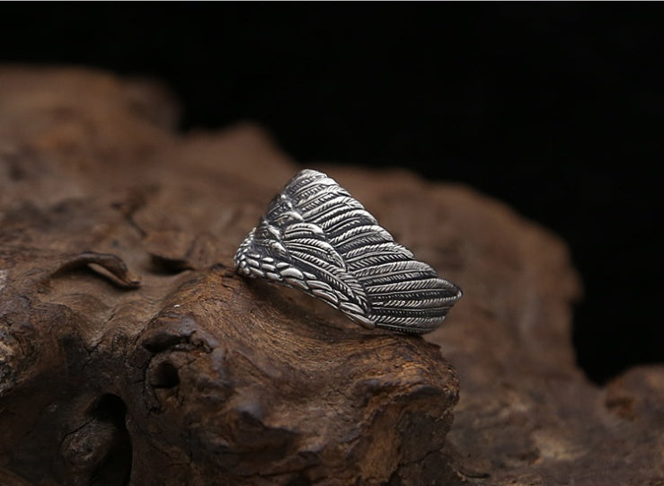 S925 Silver Men Ring Adjustable Eagle Wing Feather Retro Black Punk Biker Man Rings Female Sterling Silver Jewelry