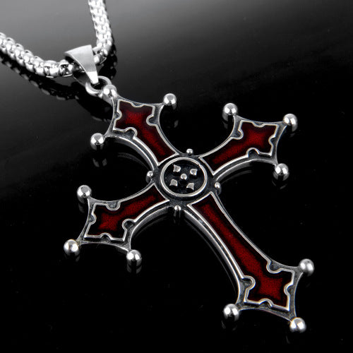 Stainless Ornament Vintage Red Cross Pendant Titanium Steel Necklace