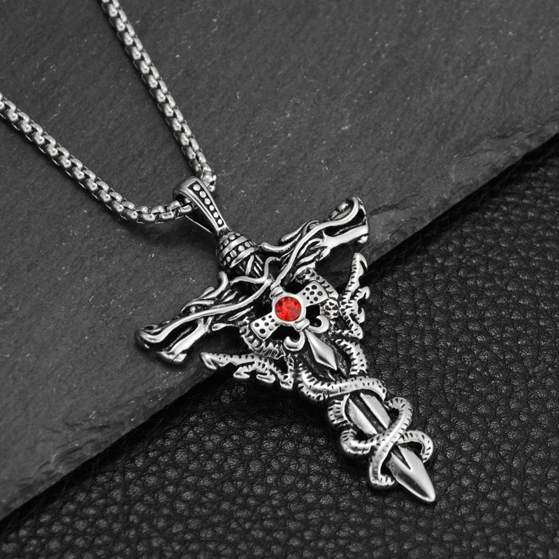 Fashion Double Dragon Magic Sword Titanium Steel Necklace