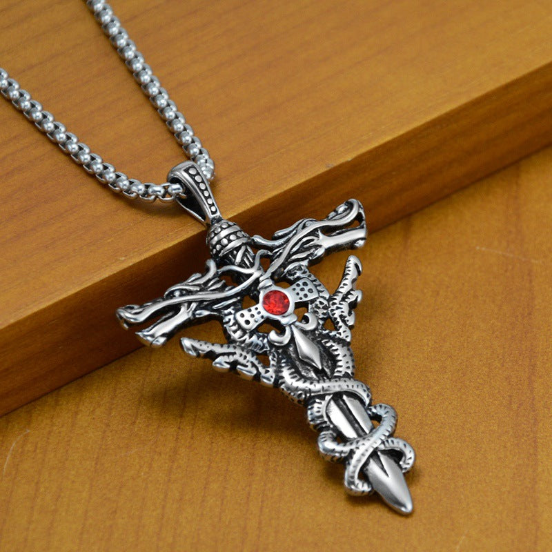 Fashion Double Dragon Magic Sword Titanium Steel Necklace