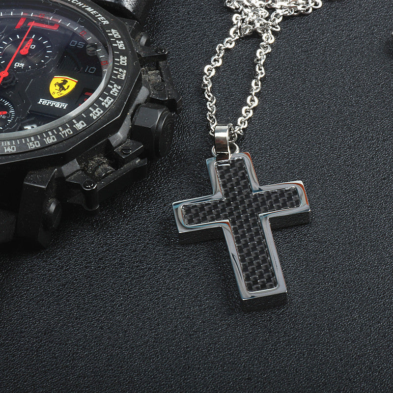 Titanium Black Carbon Fiber Pendant Cross Necklace