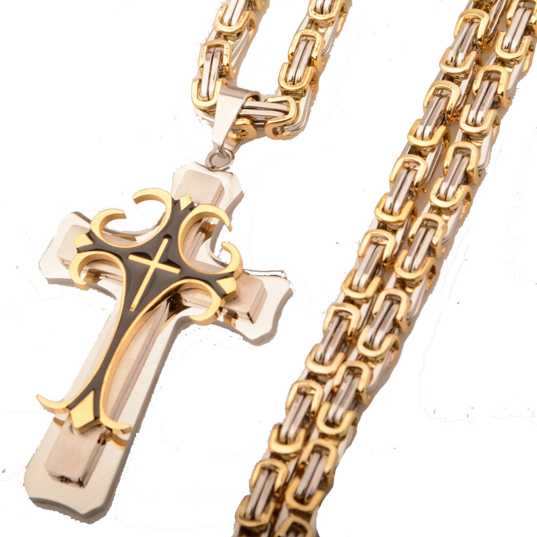 Men's Titanium Steel Stainless Steel Gold Cross Pendant Link Necklace