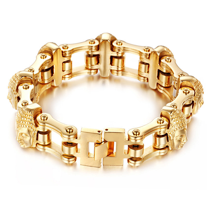 Titanium Gold Buddha Bike Chain Bracelet Men