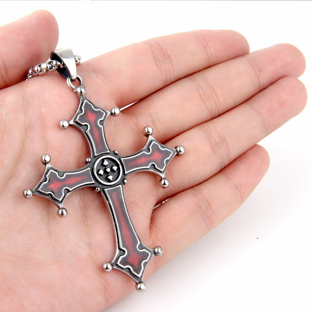 Stainless Ornament Vintage Red Cross Pendant Titanium Steel Necklace