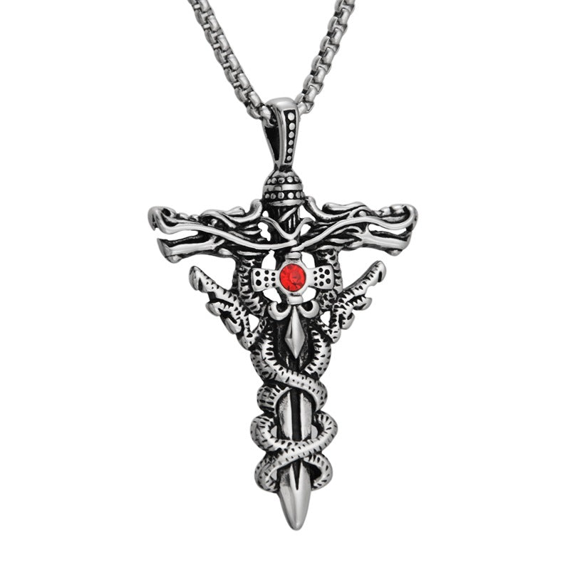 Fashion Double Dragon Magic Sword Titanium Steel Necklace