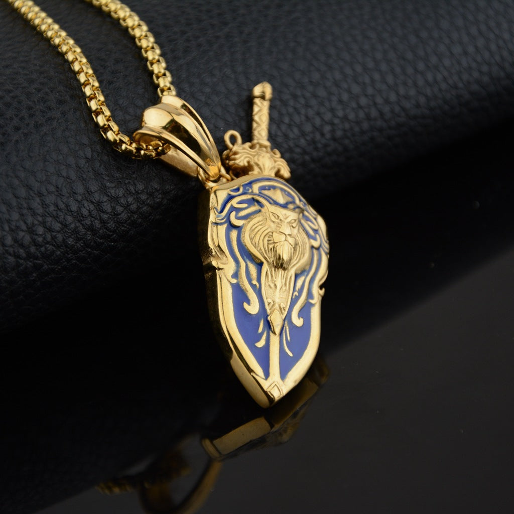 Lion Head Sword And Shield Pendant Necklace Hip Hop Street Dance Style