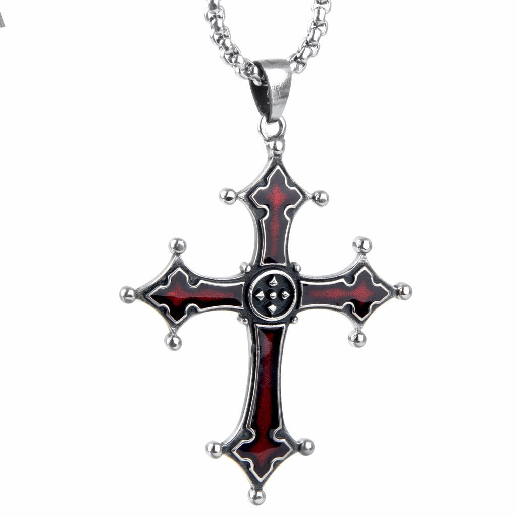 Stainless Ornament Vintage Red Cross Pendant Titanium Steel Necklace