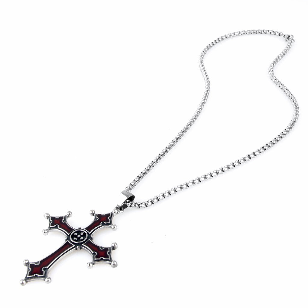 Stainless Ornament Vintage Red Cross Pendant Titanium Steel Necklace